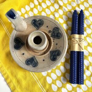 Rowe Pottery Chamber Candle Holder Blue Hearts and Beeswax Candles Countrycore